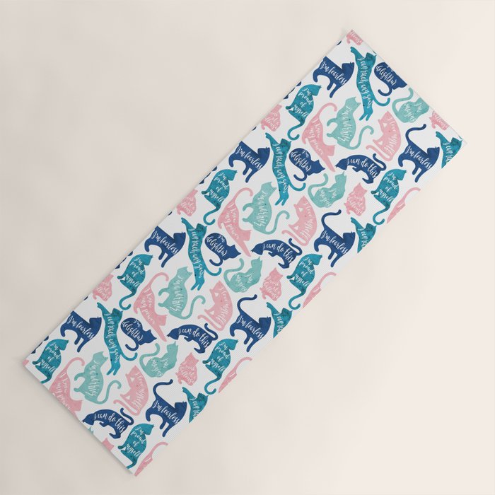 Be like a cat // white background pastel pink blue aqua and teal cat silhouettes with affirmations Yoga Mat Gallery Image 1