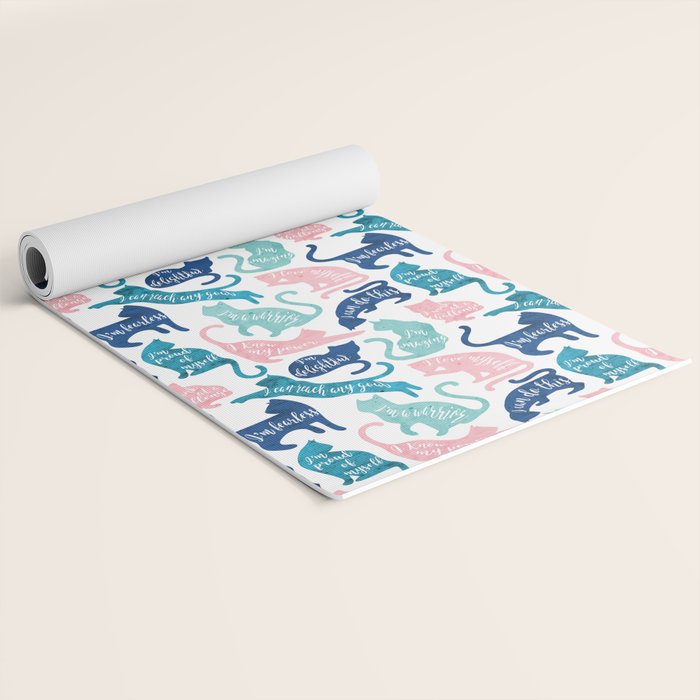 Be like a cat // white background pastel pink blue aqua and teal cat silhouettes with affirmations Yoga Mat Gallery Image 2