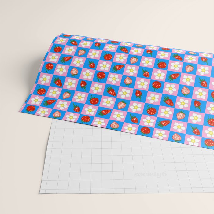Strawberry Checkerboard - Blue And Pink Wrapping Paper Gallery Image 2