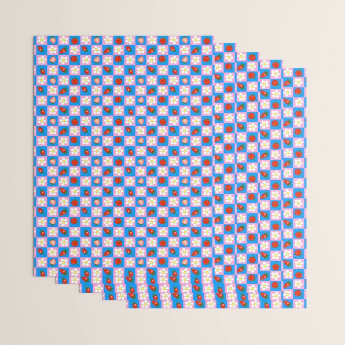 Strawberry Checkerboard - Blue And Pink Wrapping Paper Gallery Image 3