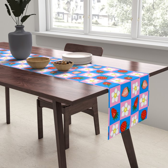 Strawberry Checkerboard - Blue And Pink Table Runner Gallery Image 2