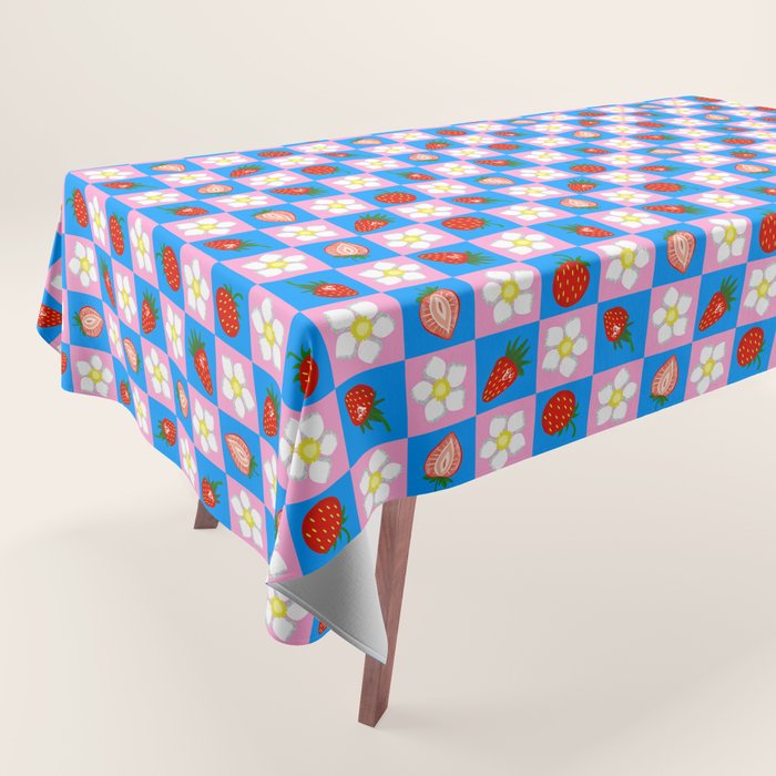 Strawberry Checkerboard - Blue And Pink Tablecloth Gallery Image 1