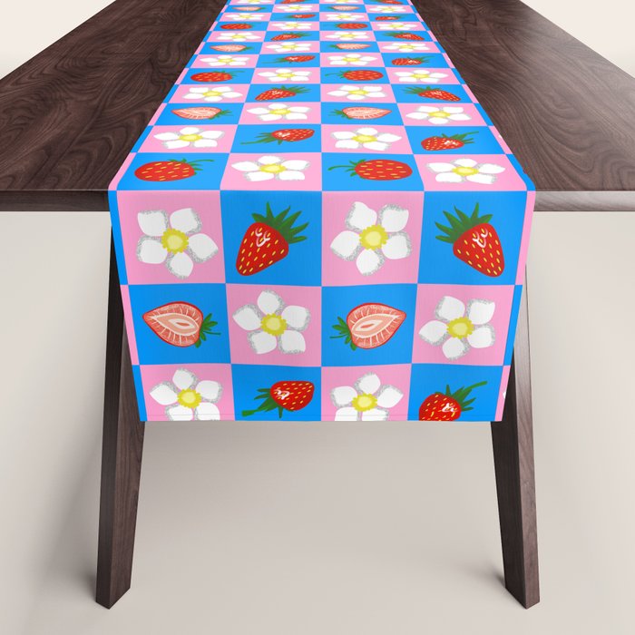 Strawberry Checkerboard - Blue And Pink Table Runner Gallery Image 1