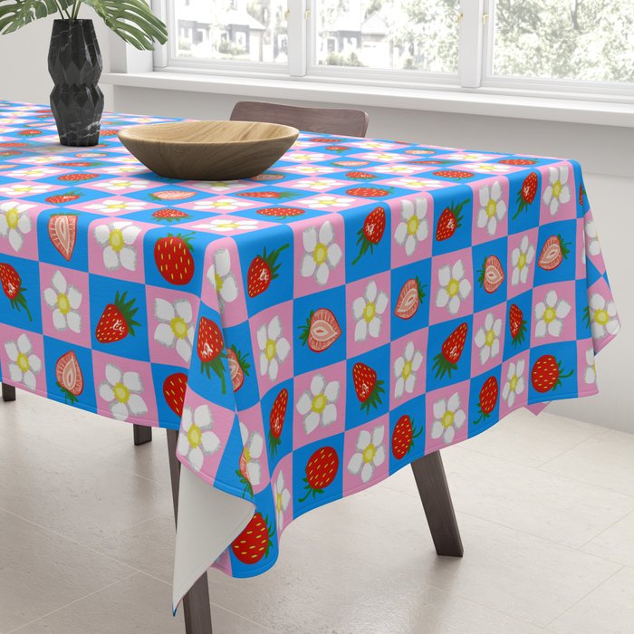 Strawberry Checkerboard - Blue And Pink Tablecloth Gallery Image 3