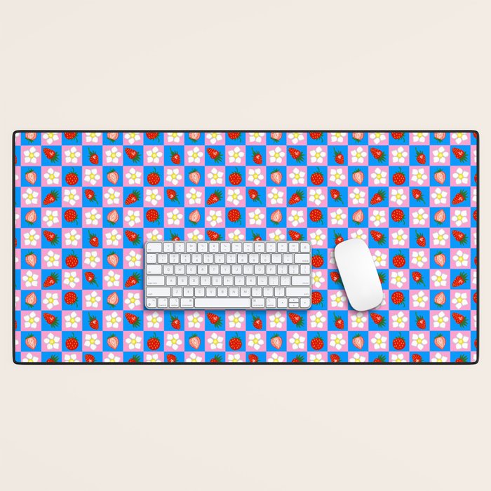 Strawberry Checkerboard - Blue And Pink Desk Mat Gallery Image 1