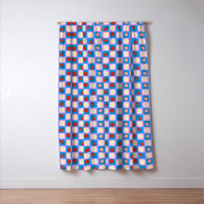 Strawberry Checkerboard - Blue And Pink Window Curtain Gallery Image 3