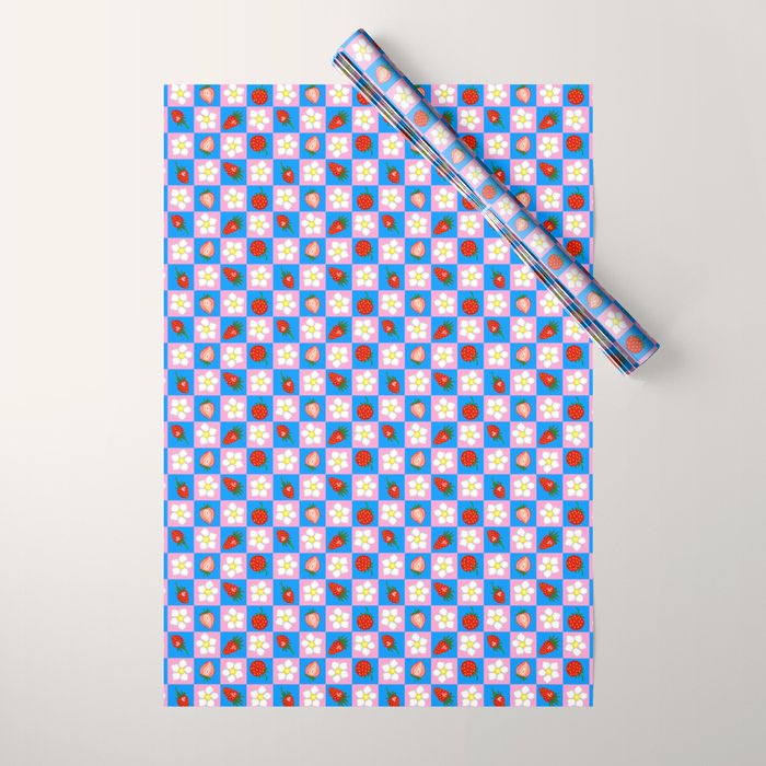 Strawberry Checkerboard - Blue And Pink Wrapping Paper Gallery Image 1