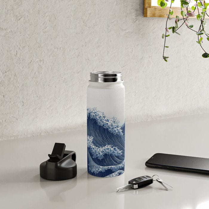 Ocean Print Wave Wall Art Japanese Wall Art Navy Blue Poster Minimalist Decor Nautical Painting Water Bottle Gallery Image 4
