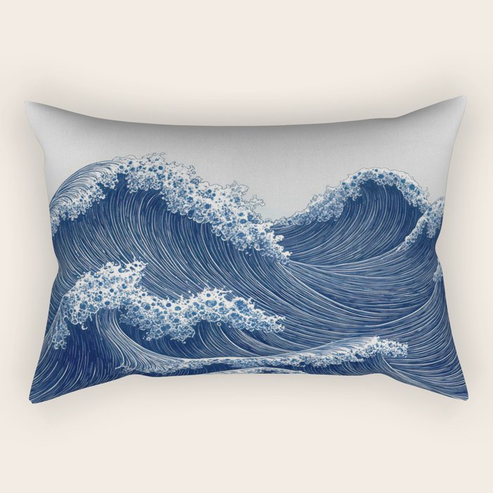 Ocean Print Wave Wall Art Japanese Wall Art Navy Blue Poster Minimalist Decor Nautical Painting Rectangular Pillow Gallery Image 1