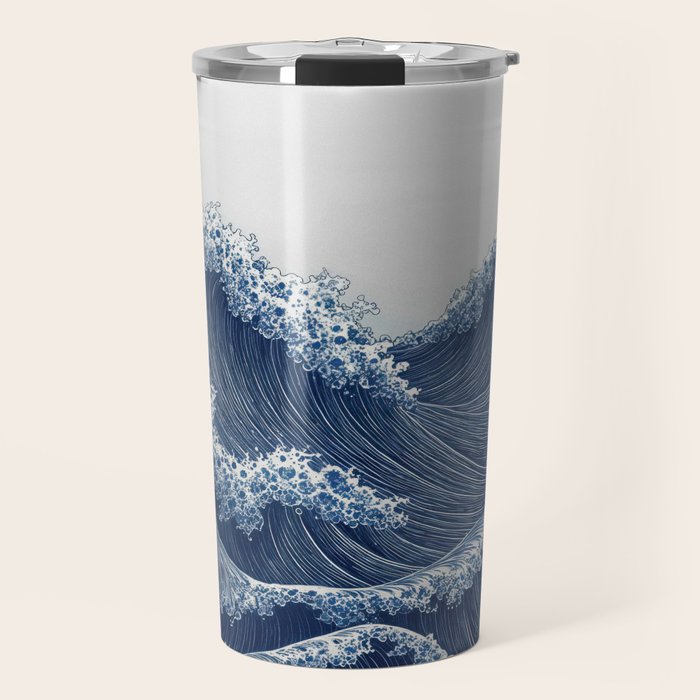 Ocean Print Wave Wall Art Japanese Wall Art Navy Blue Poster Minimalist Decor Nautical Painting Travel Mug Gallery Image 1