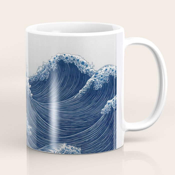 Ocean Print Wave Wall Art Japanese Wall Art Navy Blue Poster Minimalist Decor Nautical Painting Coffee Mug Gallery Image 1