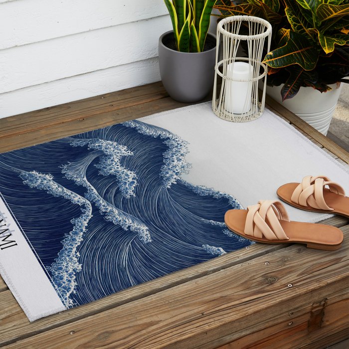 Ocean Print Wave Wall Art Japanese Wall Art Navy Blue Poster Minimalist Decor Nautical Painting Outdoor Rug Gallery Image 2