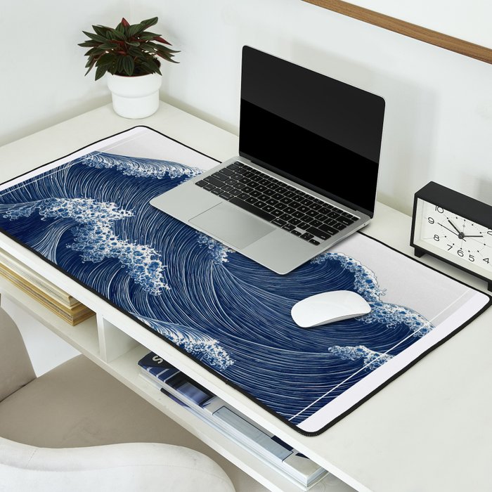 Ocean Print Wave Wall Art Japanese Wall Art Navy Blue Poster Minimalist Decor Nautical Painting Desk Mat Gallery Image 2