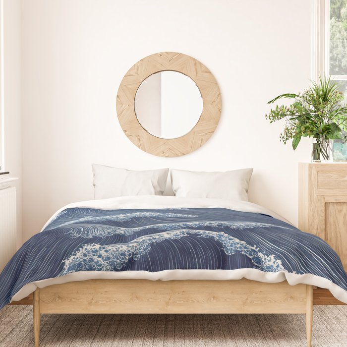 Ocean Print Wave Wall Art Japanese Wall Art Navy Blue Poster Minimalist Decor Nautical Painting Duvet Cover Gallery Image 3