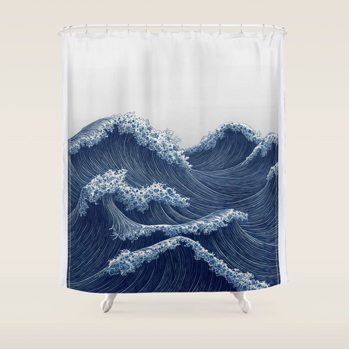 Ocean Print Wave Wall Art Japanese Wall Art Navy Blue Poster Minimalist Decor Nautical Painting Shower Curtain Gallery Image 1