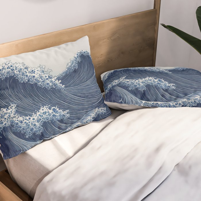 Ocean Print Wave Wall Art Japanese Wall Art Navy Blue Poster Minimalist Decor Nautical Painting Pillow Sham Gallery Image 2