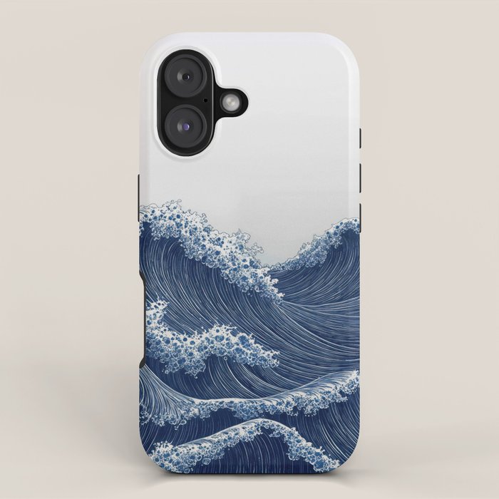 Ocean Print Wave Wall Art Japanese Wall Art Navy Blue Poster Minimalist Decor Nautical Painting iPhone Case Gallery Image 1
