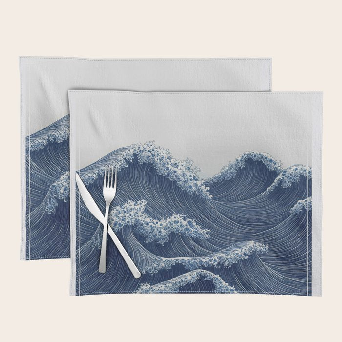 Ocean Print Wave Wall Art Japanese Wall Art Navy Blue Poster Minimalist Decor Nautical Painting Placemat Gallery Image 1