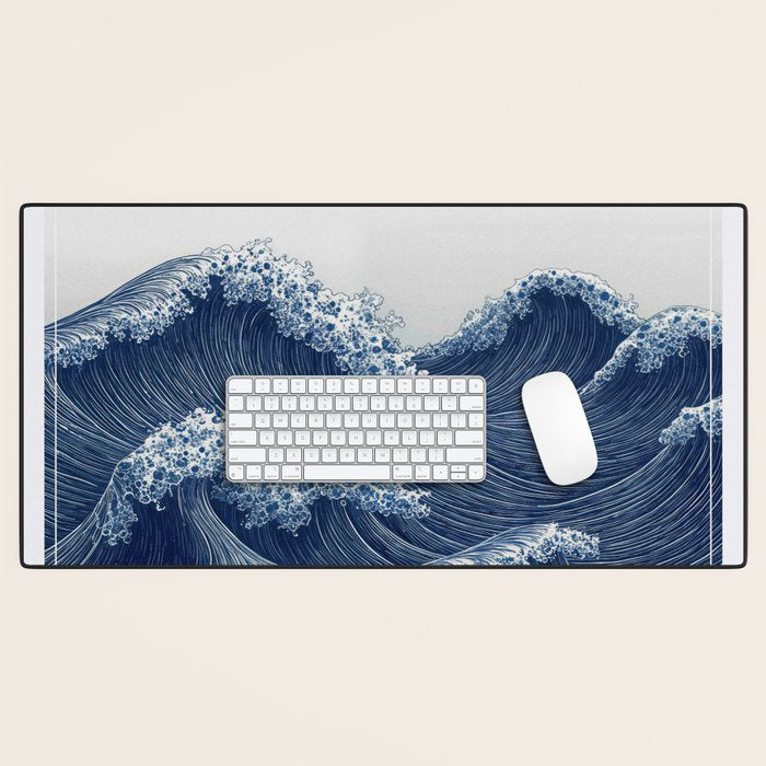Ocean Print Wave Wall Art Japanese Wall Art Navy Blue Poster Minimalist Decor Nautical Painting Desk Mat Gallery Image 1
