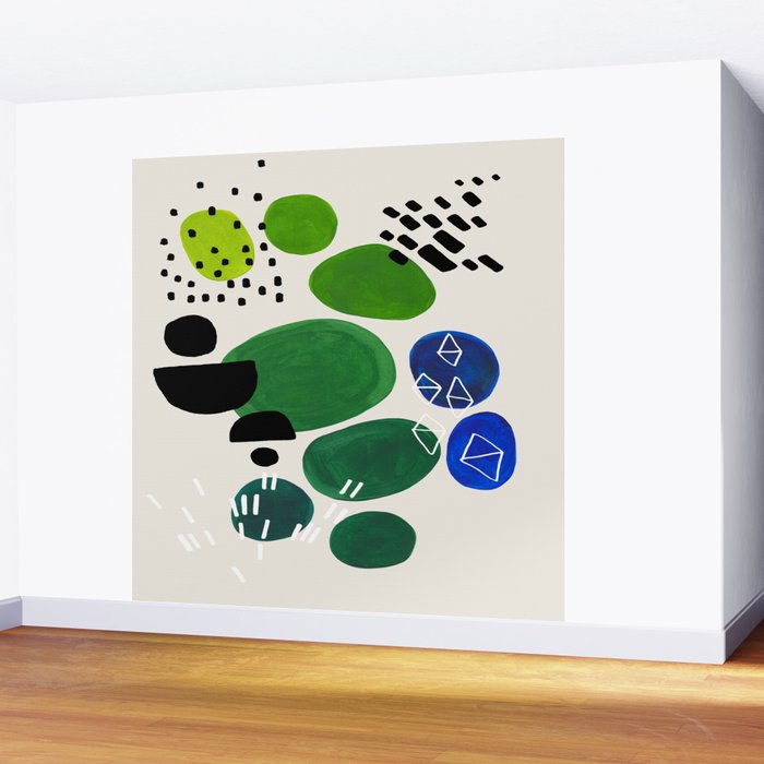 Fun Abstract Minimalist Mid Century Modern Colorful Shapes Lime Green Blue Watercolor Bubbles Wall Mural Gallery Image 2