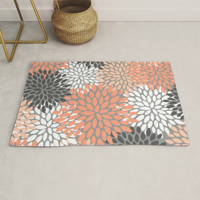 Floral Pattern, Coral, Gray, White Rug Gallery Image 1