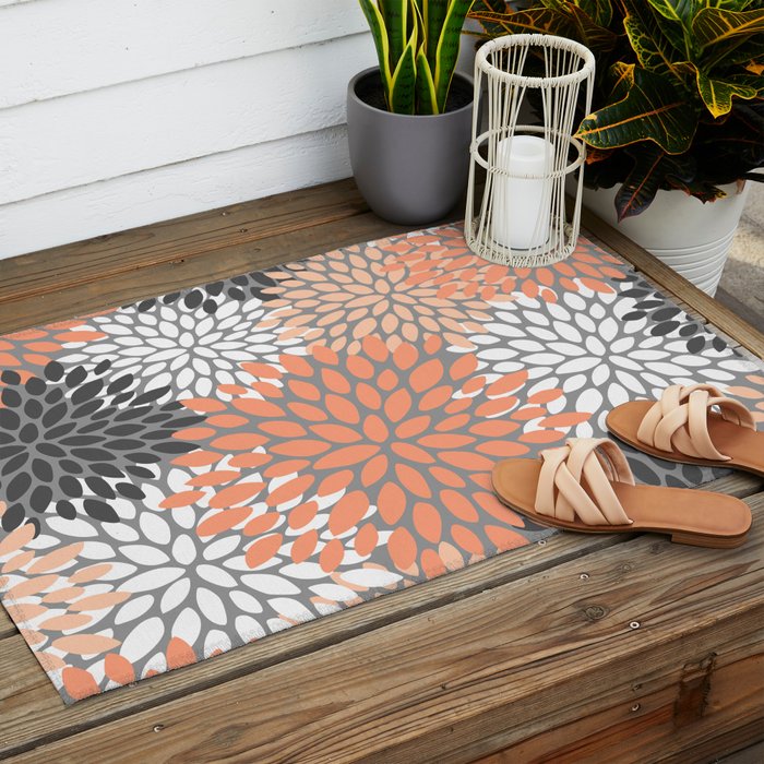 Floral Pattern, Coral, Gray, White Outdoor Rug Gallery Image 2