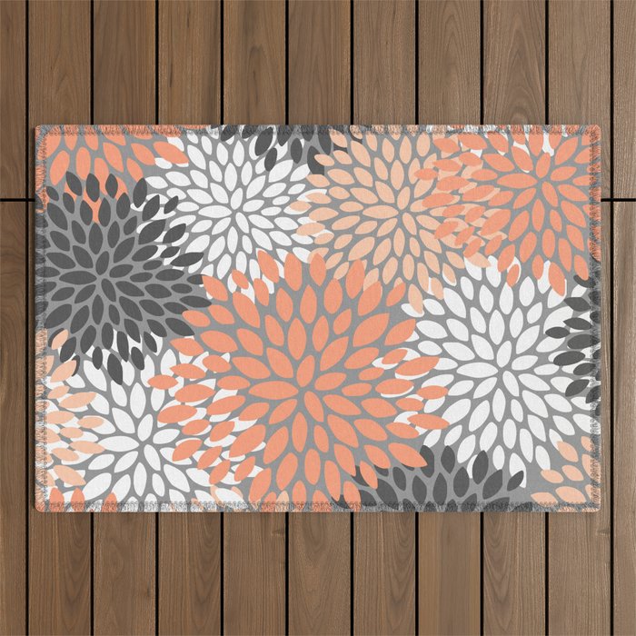 Floral Pattern, Coral, Gray, White Outdoor Rug Gallery Image 1
