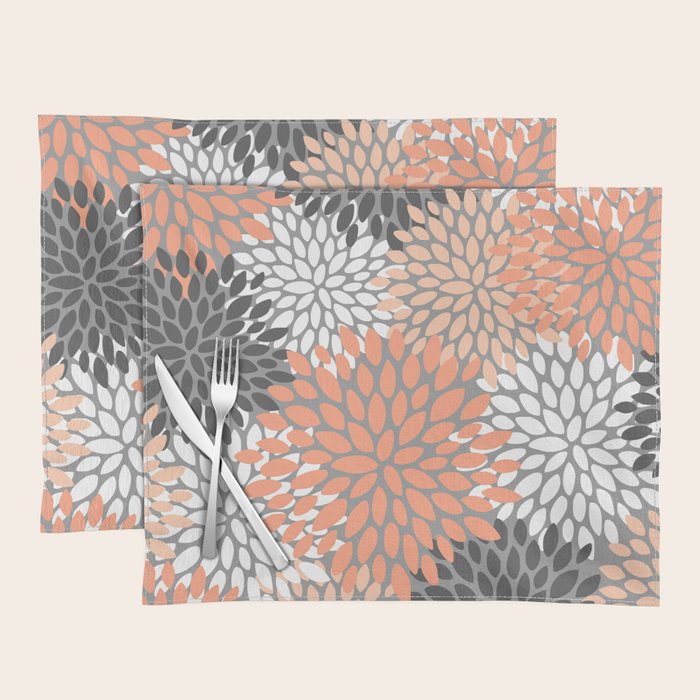 Floral Pattern, Coral, Gray, White Placemat Gallery Image 1