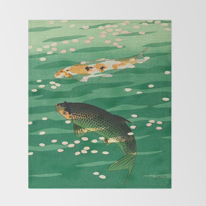 Vintage Japanese Woodblock Print Asian Art Koi Pond Fish Turquoise Green Water Cherry Blossom Throw Blanket Gallery Image 2