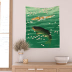 Vintage Japanese Woodblock Print Asian Art Koi Pond Fish Turquoise Green Water Cherry Blossom Wall Tapestry Gallery Image 2