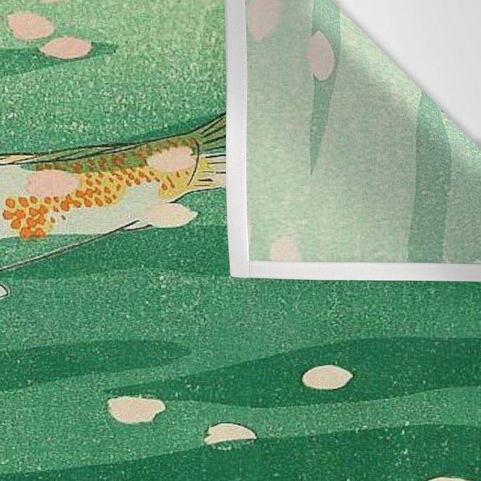 Vintage Japanese Woodblock Print Asian Art Koi Pond Fish Turquoise Green Water Cherry Blossom Wall Tapestry Gallery Image 3