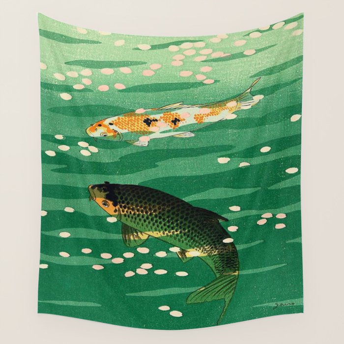 Vintage Japanese Woodblock Print Asian Art Koi Pond Fish Turquoise Green Water Cherry Blossom Wall Tapestry Gallery Image 4