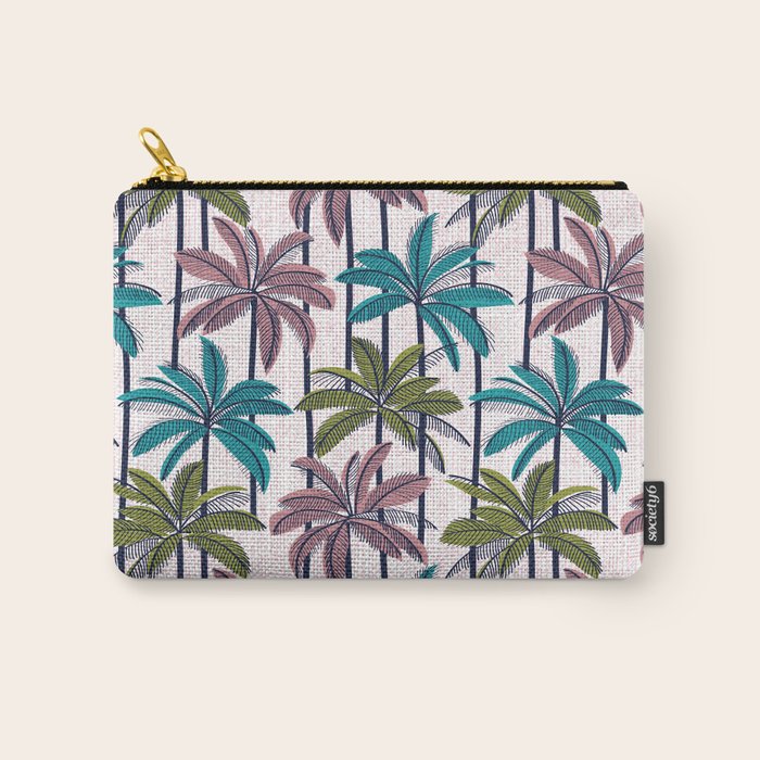 Retro Palm Springs vibes // white background highball green peacock blue and dry rose palm trees oxford navy blue lines Carry All Pouch Gallery Image 1