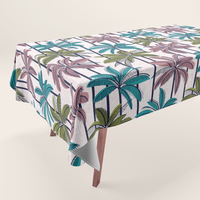 Retro Palm Springs vibes // white background highball green peacock blue and dry rose palm trees oxford navy blue lines Tablecloth Gallery Image 1