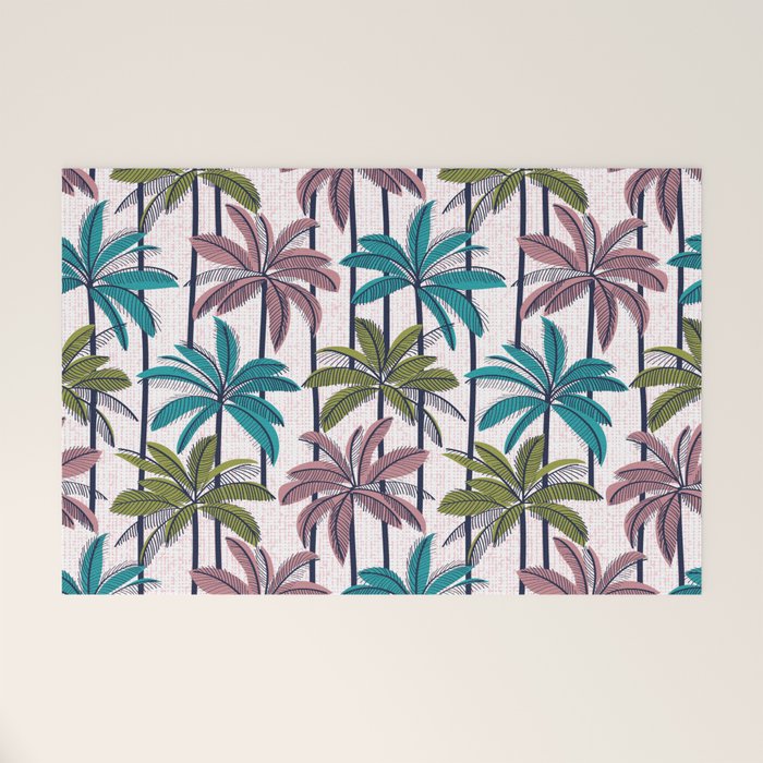 Retro Palm Springs vibes // white background highball green peacock blue and dry rose palm trees oxford navy blue lines Welcome Mat Gallery Image 1