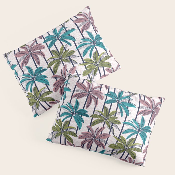 Retro Palm Springs vibes // white background highball green peacock blue and dry rose palm trees oxford navy blue lines Pillow Sham Gallery Image 1