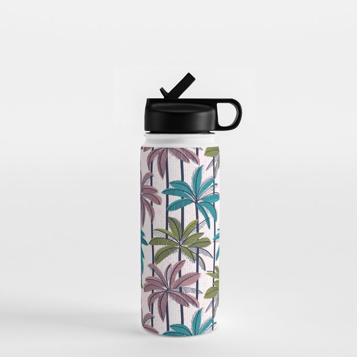 Retro Palm Springs vibes // white background highball green peacock blue and dry rose palm trees oxford navy blue lines Water Bottle Gallery Image 1