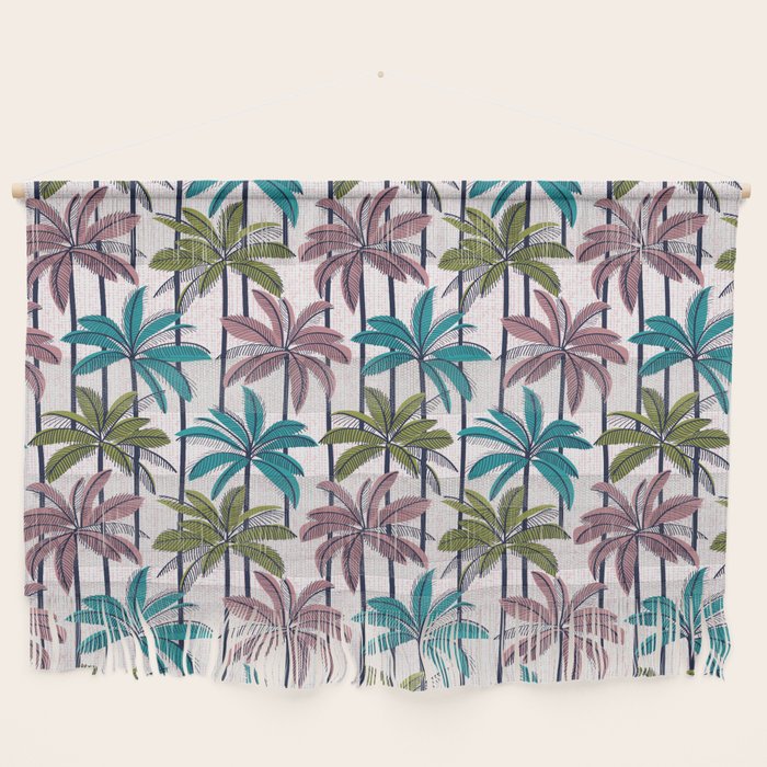Retro Palm Springs vibes // white background highball green peacock blue and dry rose palm trees oxford navy blue lines Wall Hanging Gallery Image 1