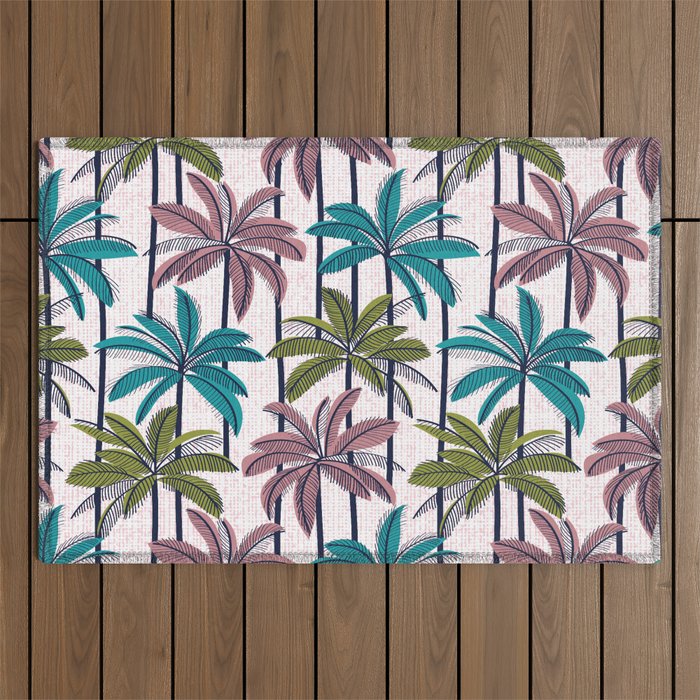 Retro Palm Springs vibes // white background highball green peacock blue and dry rose palm trees oxford navy blue lines Outdoor Rug Gallery Image 1