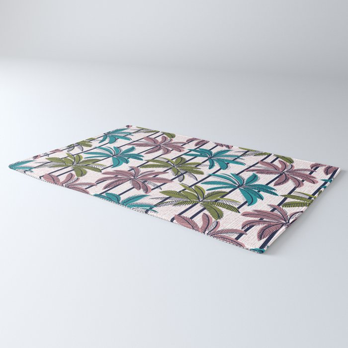 Retro Palm Springs vibes // white background highball green peacock blue and dry rose palm trees oxford navy blue lines Rug Gallery Image 3