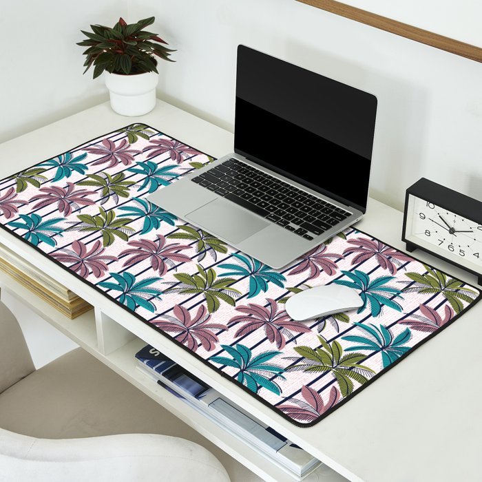 Retro Palm Springs vibes // white background highball green peacock blue and dry rose palm trees oxford navy blue lines Desk Mat Gallery Image 2