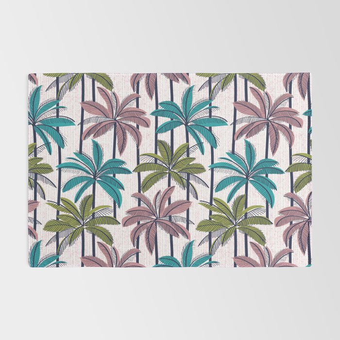 Retro Palm Springs vibes // white background highball green peacock blue and dry rose palm trees oxford navy blue lines Rug Gallery Image 2