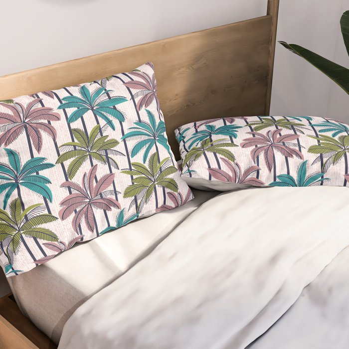 Retro Palm Springs vibes // white background highball green peacock blue and dry rose palm trees oxford navy blue lines Pillow Sham Gallery Image 2
