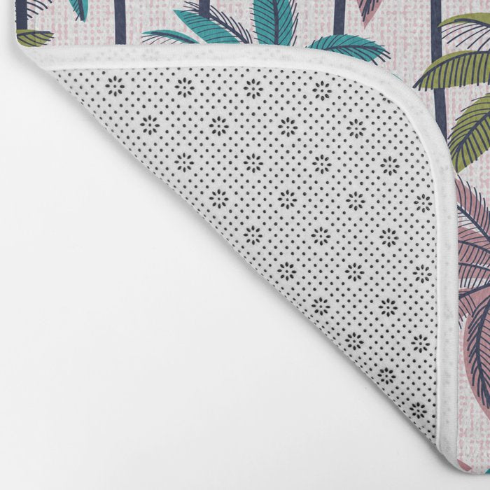 Retro Palm Springs vibes // white background highball green peacock blue and dry rose palm trees oxford navy blue lines Bath Mat Gallery Image 2