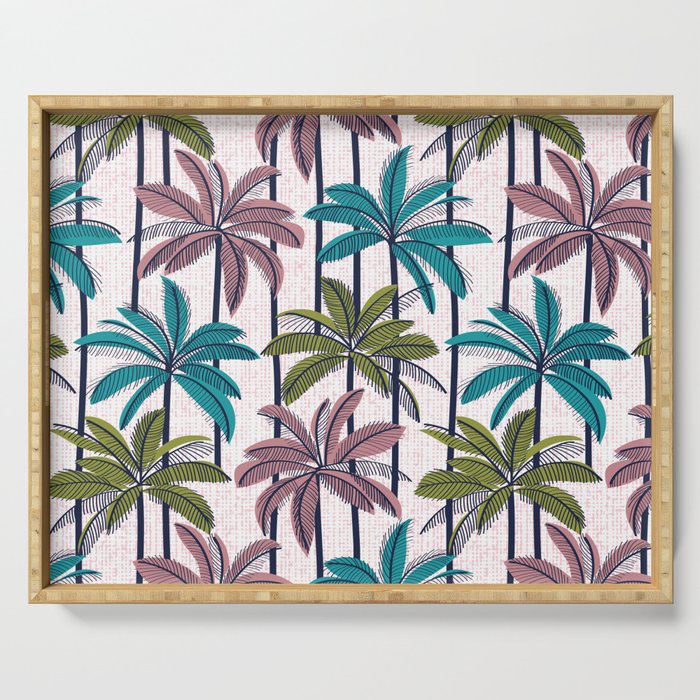 Retro Palm Springs vibes // white background highball green peacock blue and dry rose palm trees oxford navy blue lines Serving Tray Gallery Image 1