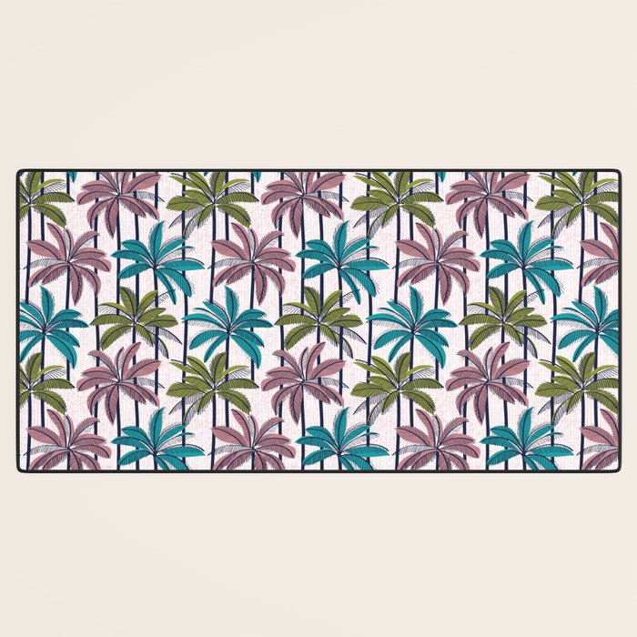 Retro Palm Springs vibes // white background highball green peacock blue and dry rose palm trees oxford navy blue lines Desk Mat Gallery Image 3
