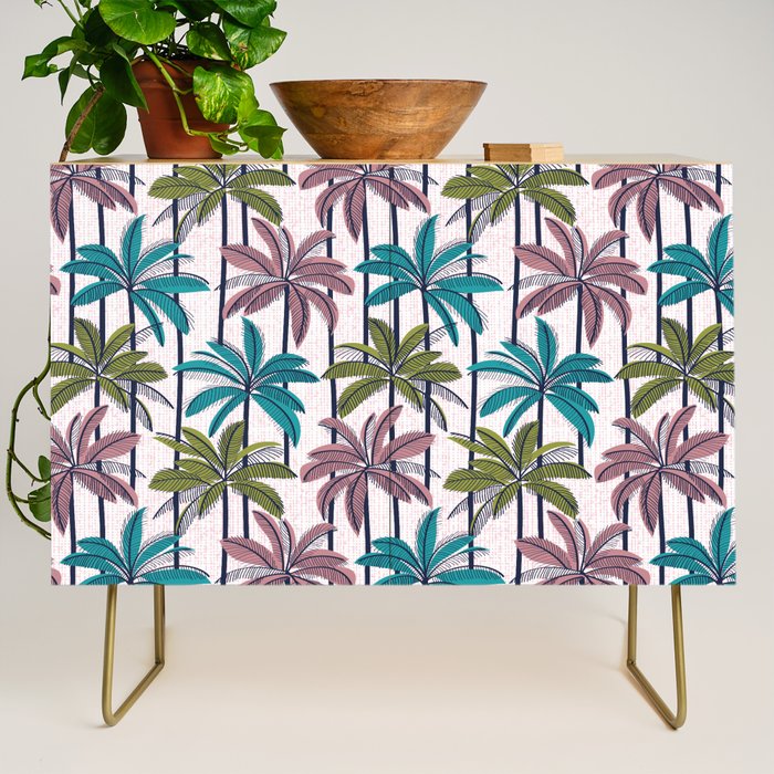 Retro Palm Springs vibes // white background highball green peacock blue and dry rose palm trees oxford navy blue lines Credenza Gallery Image 1