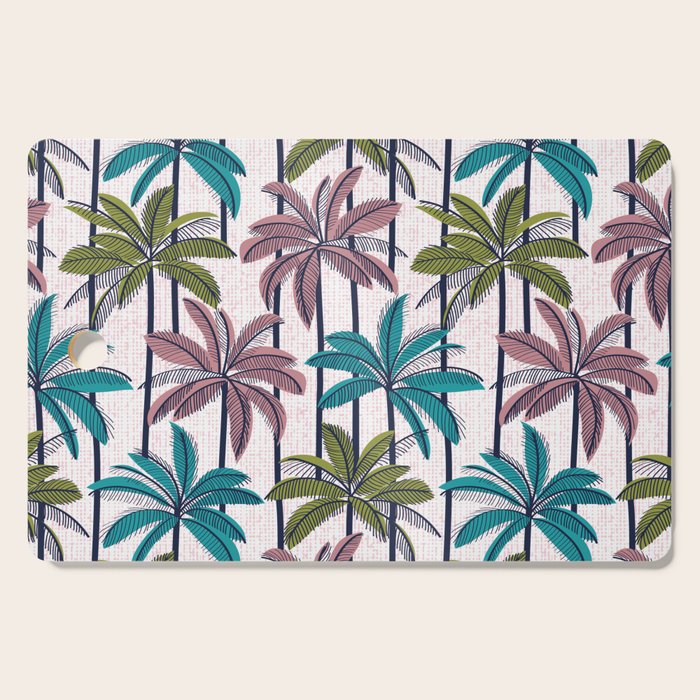 Retro Palm Springs vibes // white background highball green peacock blue and dry rose palm trees oxford navy blue lines Cutting Board Gallery Image 1