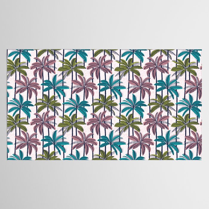 Retro Palm Springs vibes // white background highball green peacock blue and dry rose palm trees oxford navy blue lines Tablecloth Gallery Image 2