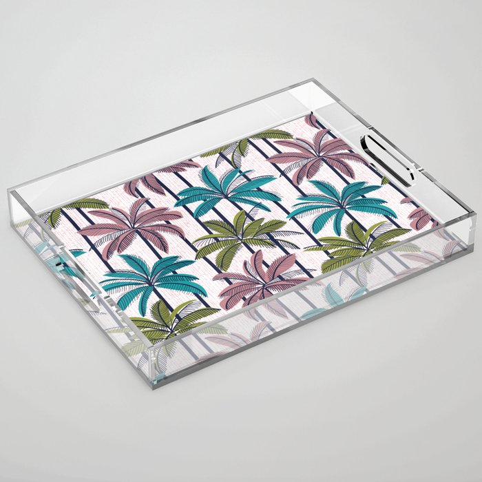 Retro Palm Springs vibes // white background highball green peacock blue and dry rose palm trees oxford navy blue lines Acrylic Tray Gallery Image 1
